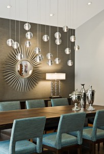 starburst-mirror-Dining-Room-Midcentury-with-console-table-dining-table-gray-accent-wall